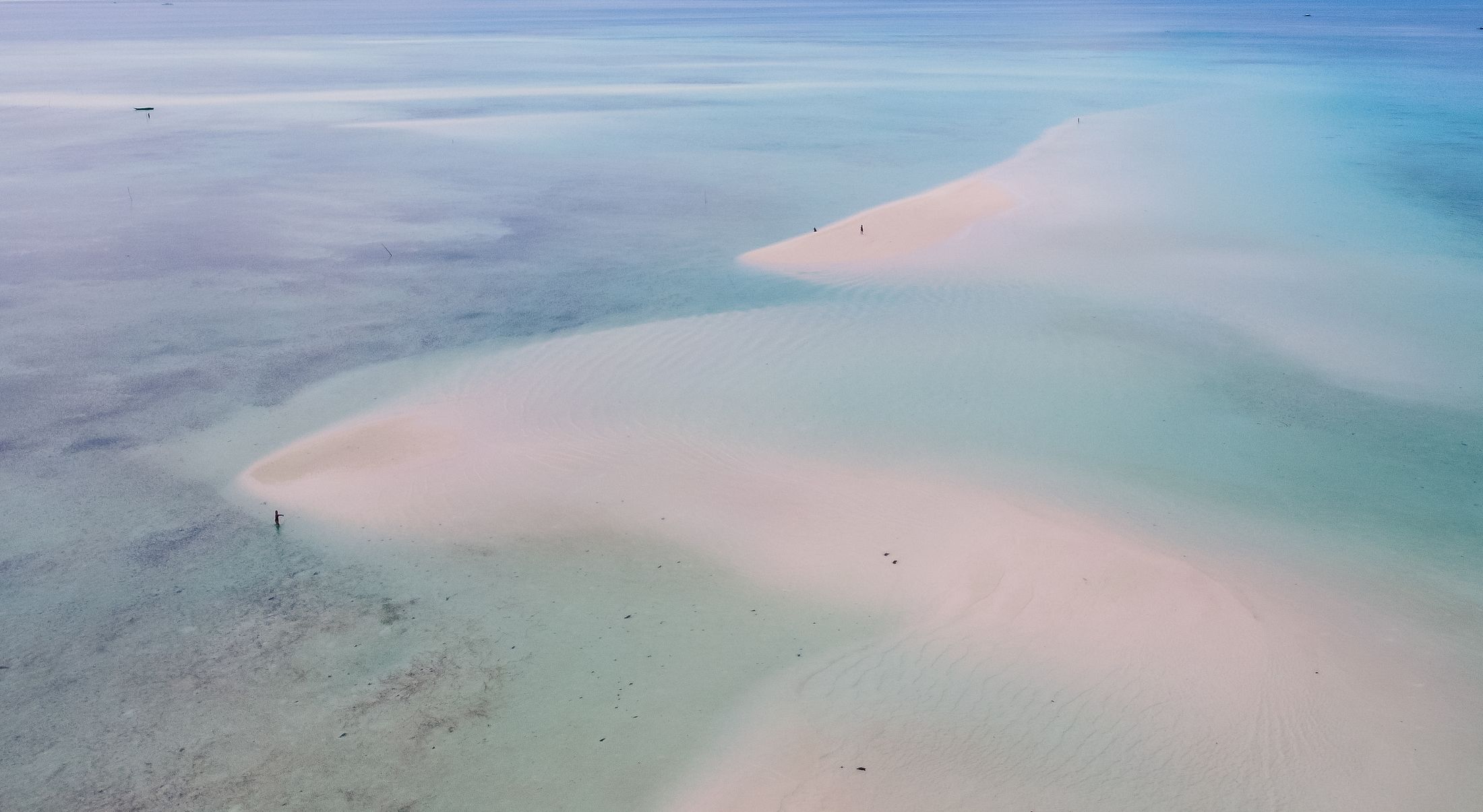 Pale sand flats and shallow water at first light, two figures walking across